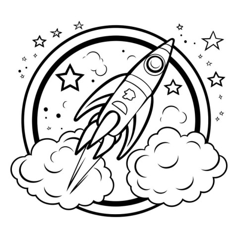 space rocket with stars and clouds icon cartoon in black and whi