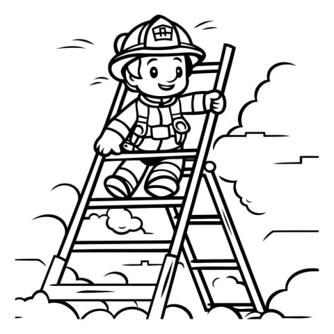 Black and White Cartoon Illustration of Little Fireman or Firema