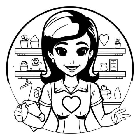 Cute cartoon girl in the kitchen. Vector illustration in black a