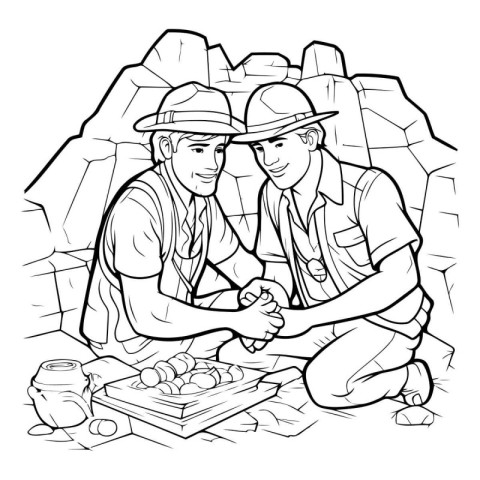 Miner and his assistant. Black and white vector illustration for