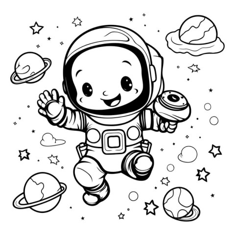 Cute astronaut with space theme. Vector illustration for colorin