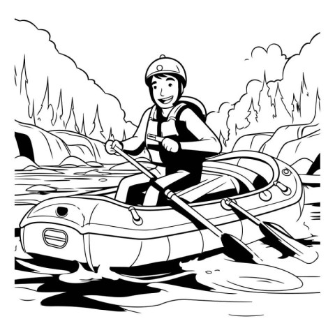 Man rowing in a kayak. Black and white illustration.