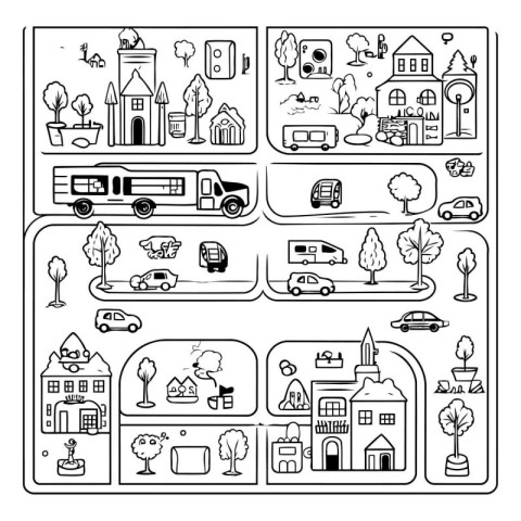 Set of vector icons with houses. cars. trees and other elements.