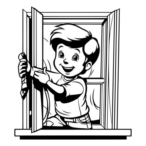 Boy with a pencil in the window. Vector clip art illustration re