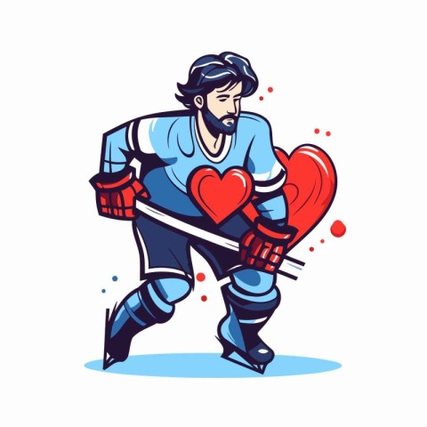 Ice hockey player with a red heart in his hands. Vector illustra