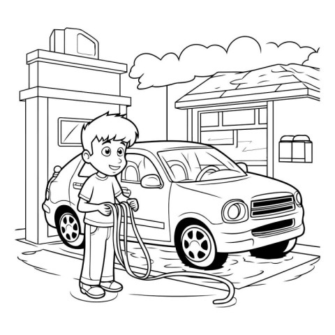 Man with car at gas station. Cartoon illustration of man with ca