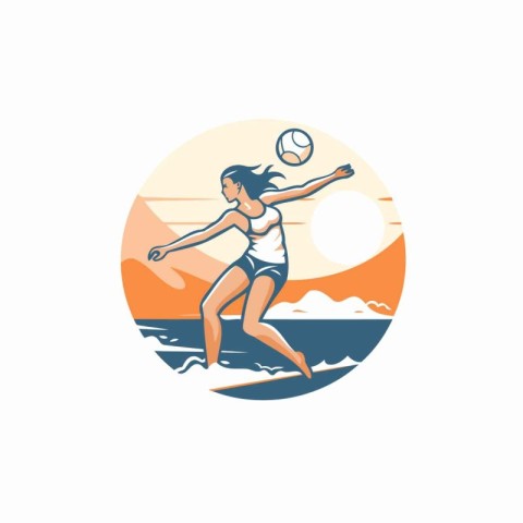 Volleyball player woman with ball on the beach. Vector illustrat