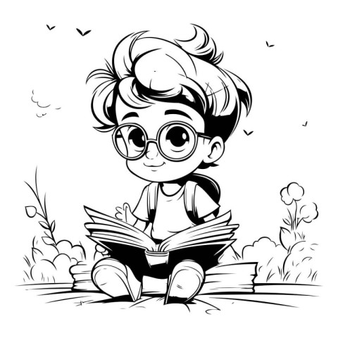 Cute little boy reading a book in the park. Vector illustration.