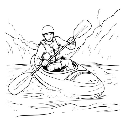 Man kayaking on the river. Black and white vector illustration.