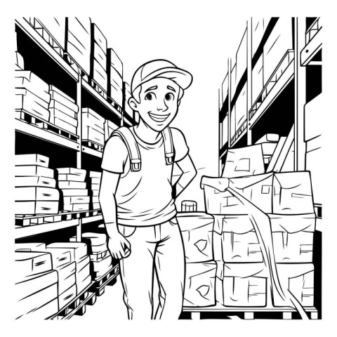 Warehouse worker with boxes. Black and white vector illustration