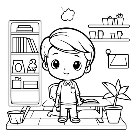 Cute boy at home. black and white vector illustration graphic de