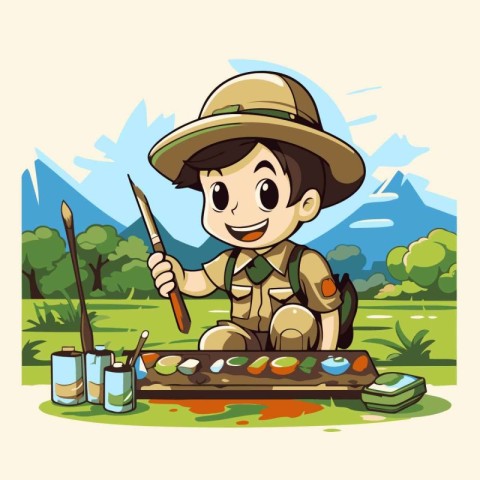 Illustration of a Kid Boy in a Camping Outfit with a Paintbrush