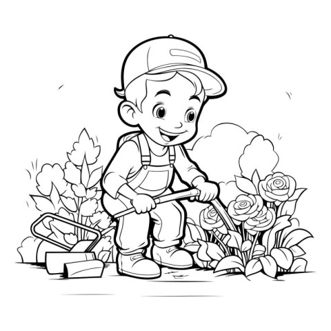 Cute little boy working in the garden. cartoon vector illustrati