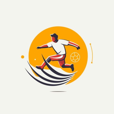 Soccer player running on a wave. Vector illustration in flat sty