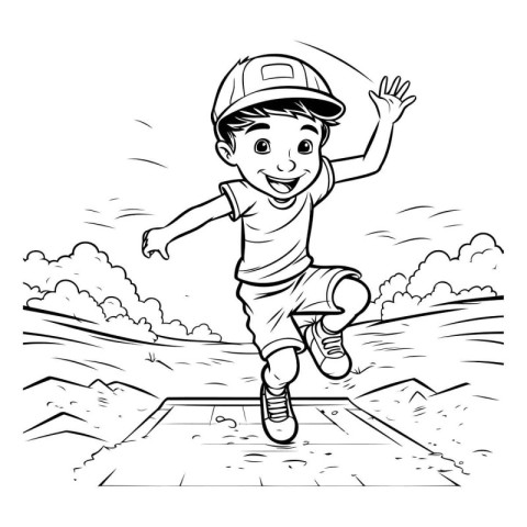 Black and White Cartoon Illustration of a Kid Running on the Roa