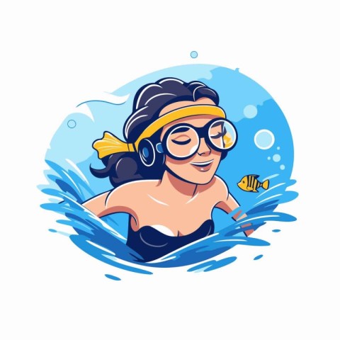 Cute cartoon girl in a diving mask and snorkel. Vector illustrat