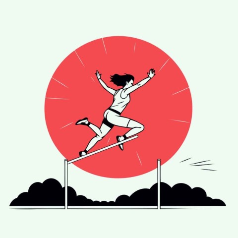 Silhouette of a girl jumping over obstacles. Vector illustration