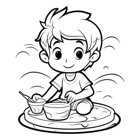 Black and White Cartoon Illustration of Cute Little Boy Baking C