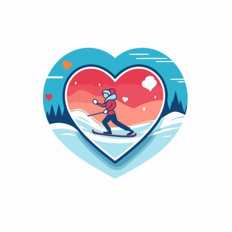 Winter sport vector logo template. Ice skier in the heart.