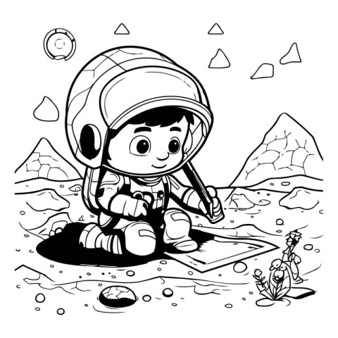 Astronaut boy reading a book. black and white vector illustratio