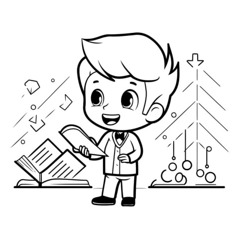 Vector illustration of a boy reading a book. Cartoon style. Blac