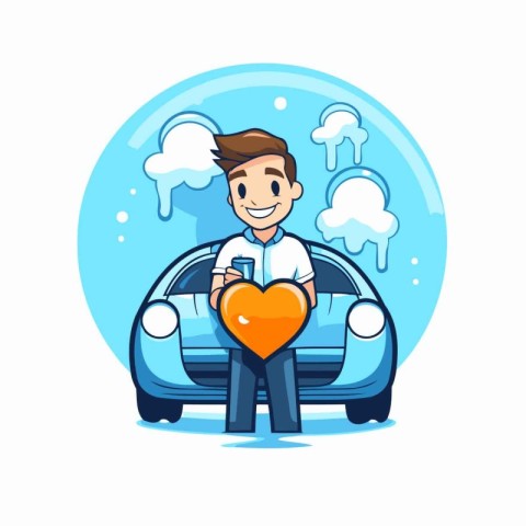 Young man driving a car and holding a heart in his hand. Vector