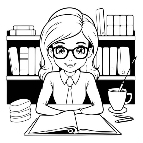 School and education woman with book and coffee mug cartoons vec