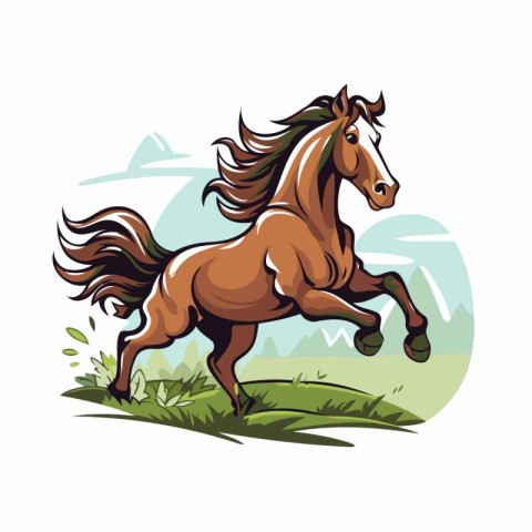 Horse running on green meadow. Vector illustration of a running