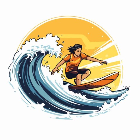 Surfer girl with surfboard jumping on the wave. Vector illustrat