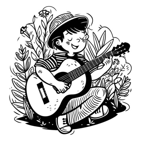 Boy playing guitar. Black and white vector illustration for colo