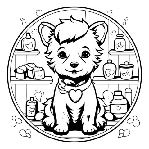 Black and White Cartoon Illustration of a Dog in a Pet Shop