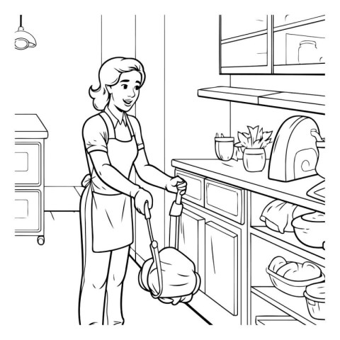 Housewife cleaning the kitchen. Black and white vector illustrat