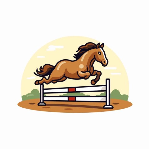 Horse jumping over barrier. Vector illustration in flat cartoon