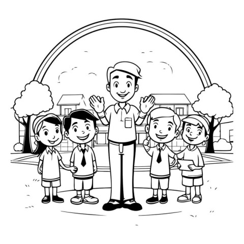 Teachers couple with kids cartoon in the park vector illustratio