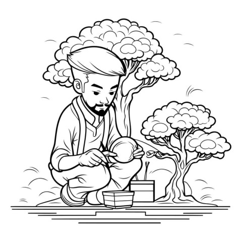 Man with a baby. Black and white vector illustration for colorin