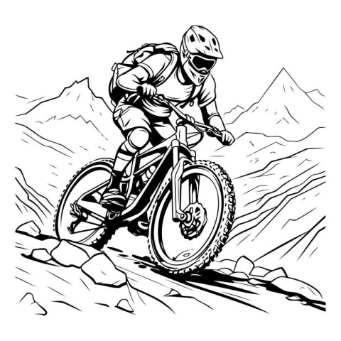 Mountain biker on the road. black and white vector illustration