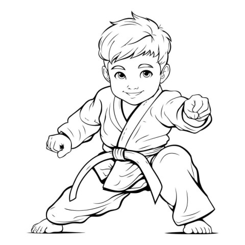 Karate boy in kimono. Black and white vector illustration.