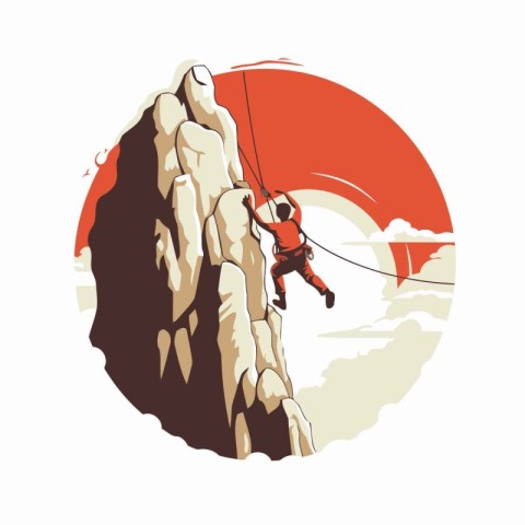 Climber on the cliff. Vector illustration in retro style.