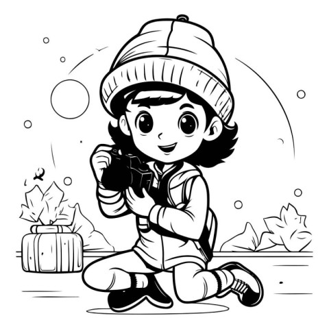 Black and White Cartoon Illustration of Kid Boy or Girl Camping