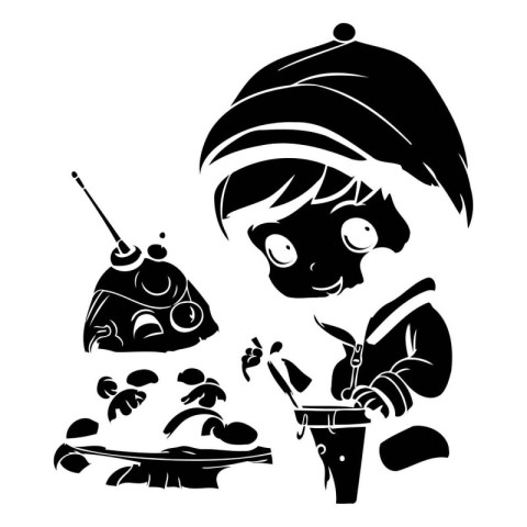 Cute little boy playing with toys. Black and white vector illust