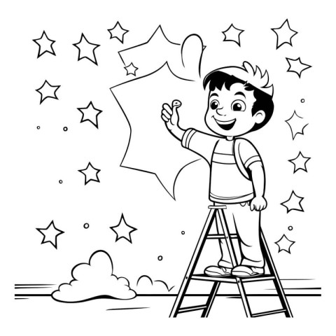 Boy on a ladder with a magic wand. Black and white vector illust