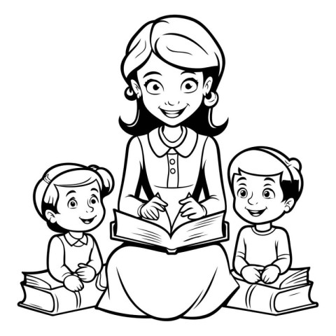 Mother reading a book with her children. black and white vector