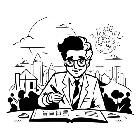 Vector illustration of a man in a business suit reading a book o