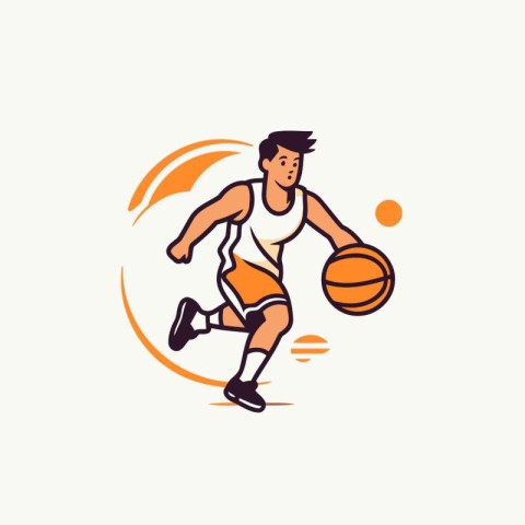 Basketball player with ball. Vector illustration in line art sty