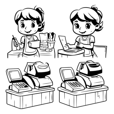 Black and white illustration of a cashier or cashier working at