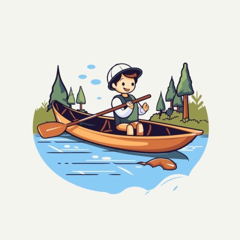 Man in a canoe on the river. Vector illustration of a man in a b