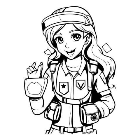 Firefighter Girl - Black and White Cartoon Illustration. Vector