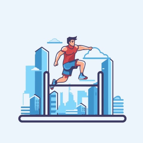 Vector illustration of man jumping over obstacle in city. Flat s