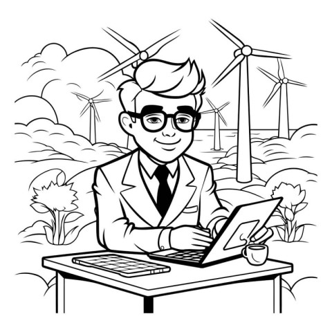 businessman with computer and wind turbines in the background ve