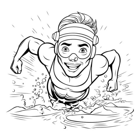 Black and white illustration of a man swimming in a pool with sp